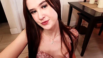 Brunette teen Athena Heart deepthroats hard cock