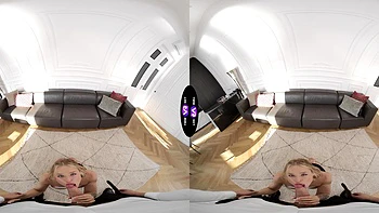 Blonde babe rides cock in hot VR blowjob doggy