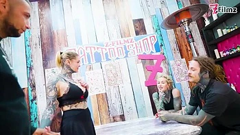 Tattooed Fourplay: Merry’s Anal Ride with Double Blowjob & Facial