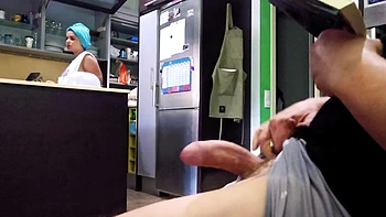 Showing my hard cock to stepmom, she jacks off