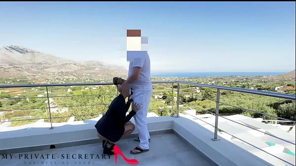 my private secretary public balcony blowjob and sex with dick riding creampie end
