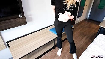 Cute blonde tgirl jerks off pink nipples